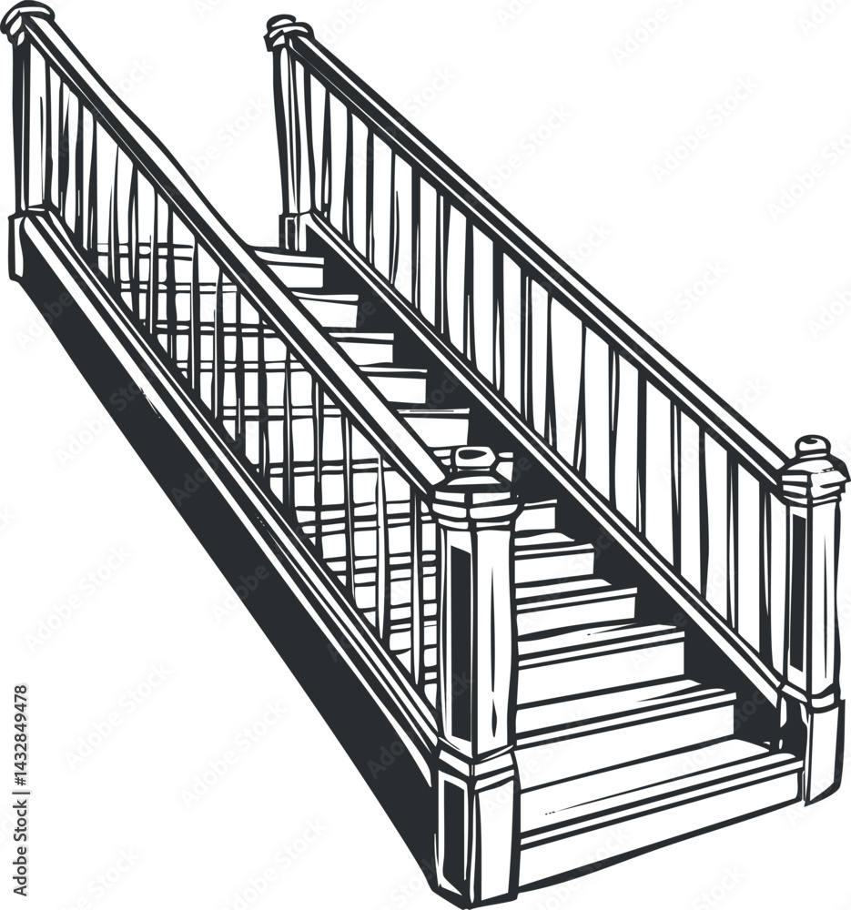 Poster black and white illustration of a wooden staircase with handrails and multiple steps in perspective 