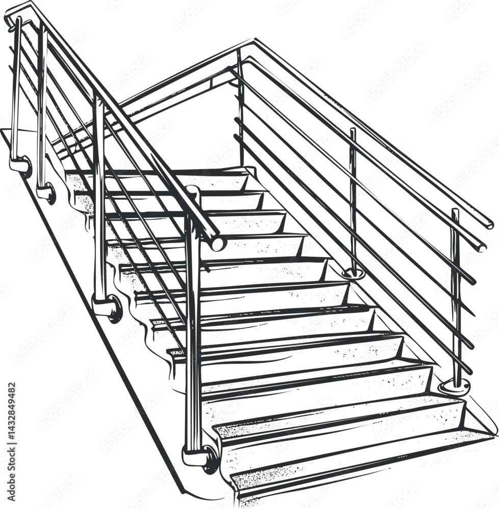 Poster black and white line drawing of a modern staircase with metal handrails and steps in perspective vie