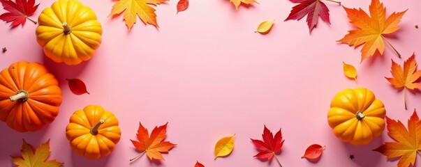 Fototapeta premium Colorful fall foliage and pumpkins on soft pink surface, beautiful, background