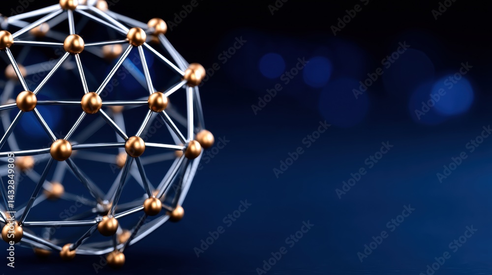 Poster a metallic structure resembling a molecular model, featuring interconnected rods and spherical nodes