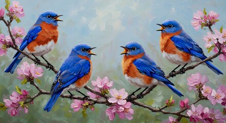 Obraz premium Four bluebirds singing among pink blossoms
