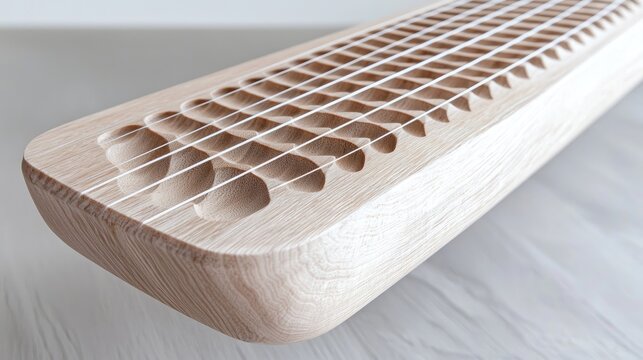 Minimalist wooden stringed instrument featuring a carved wave pattern and parallel white strings in a studio setting.