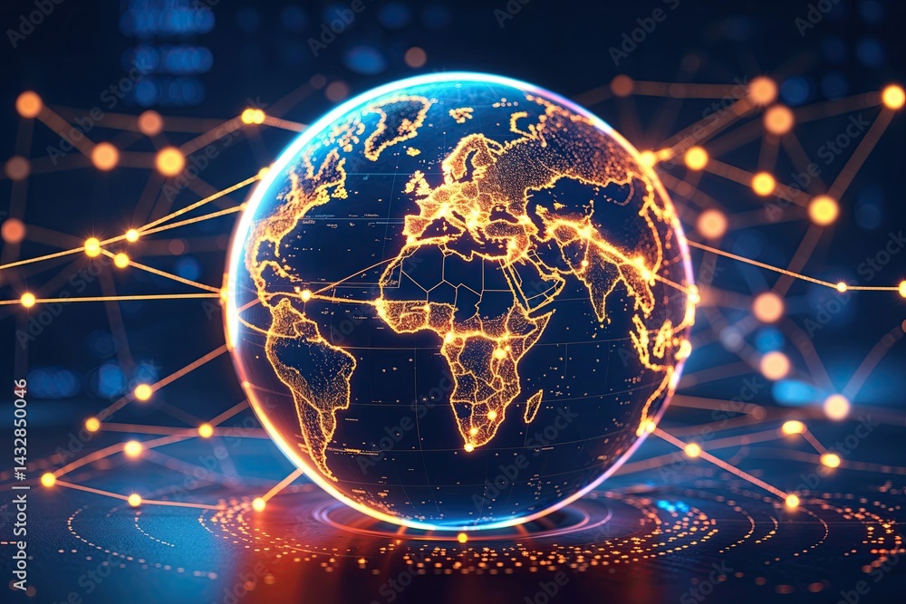 Poster globe spinning with glowing pathways linking global locations for data exchange