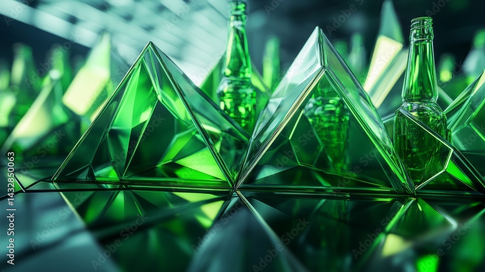 Poster green glass bottles arranged in a pyramid shape reflecting on a surface.