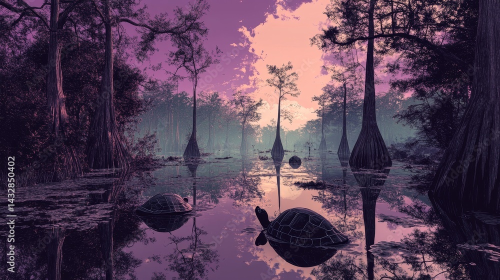 Poster swamp scene with trees and turtles reflected in the water at dusk.
