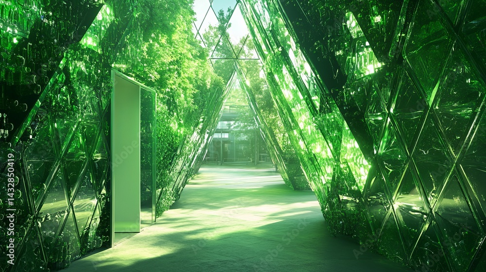Poster geometric green structures line a path with trees in a park or garden.