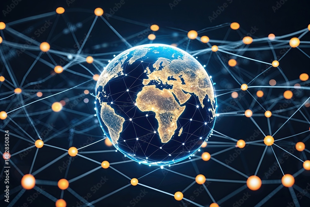 Poster global networking and communication through digital mesh design featuring globe and interconnected n
