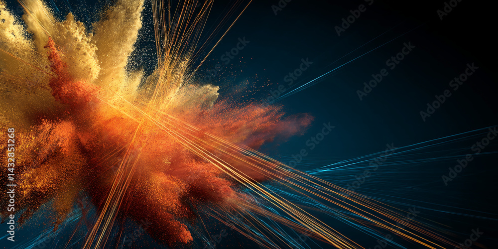 Poster Abstract image of orange and gold powder explosion with light streaks, creating a dynamic and energetic visual, representative of power, innovation, or speed