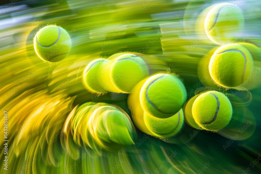 Poster a close-up of tennis balls in motion, creating a vibrant and dynamic image with a blurred background