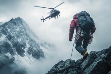 Climber with gear ascends rocky peak as helicopter flies nearby. Ideal for illustrating adventure, risk, rescue, or extreme sports.