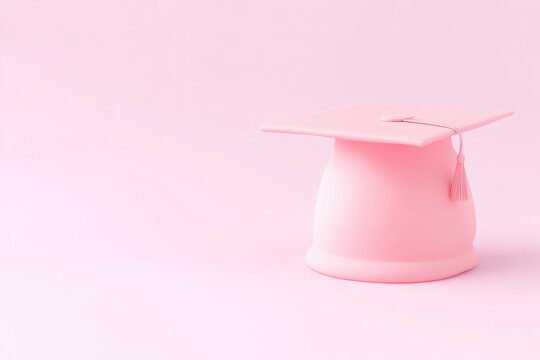 Minimalist pink graduation cap with a tassel stands on a solid pink background in a clean studio setting.