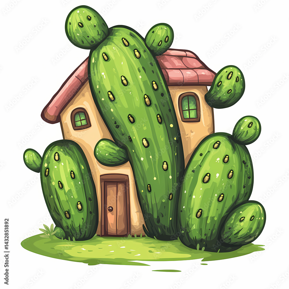 Poster unique house design featuring cactus elements in an imaginative setting generative ai