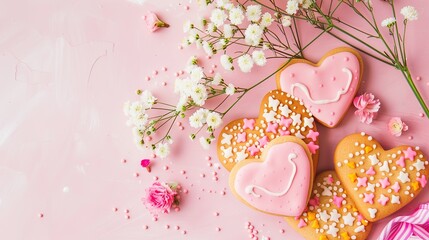 Fototapeta premium Mother's Day Cookie Background: Baking Sweet Intentions, Unfolding a Tasty Scroll of the Interweaving of Warm Affection and Gratitude on Mother's Day