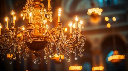 Ornate crystal chandelier glowing in a grand hall.