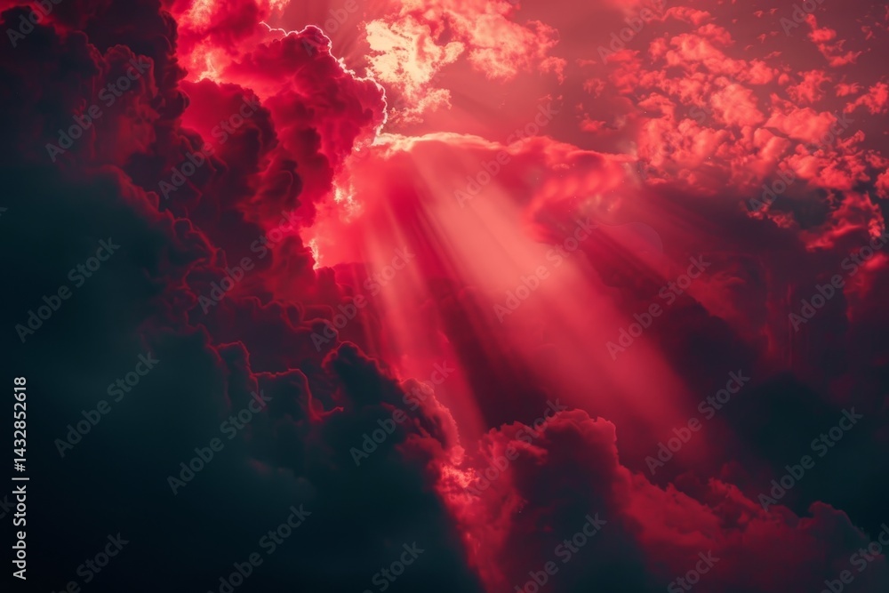 Poster a photo of red light rays shining through dark clouds, creating a dramatic and beautiful scene, glow