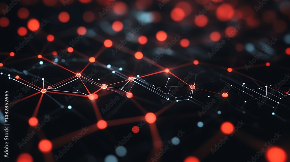 Aufkleber futuristic hexagonal grid with glowing red lights on a dark background