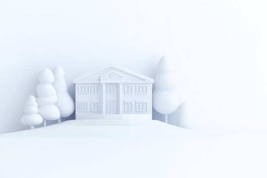 White minimalist 3D rendering of a classical building with pillars surrounded by stylized model trees on a plain background.