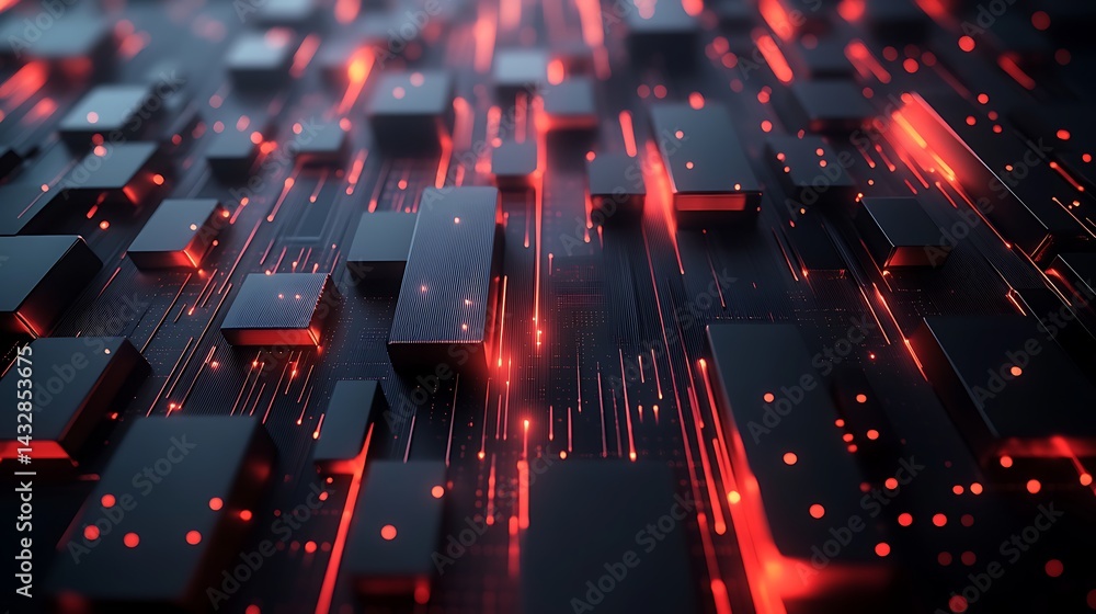 Poster futuristic digital circuit board with red lights, futuristic digital circuit board with glowing red 