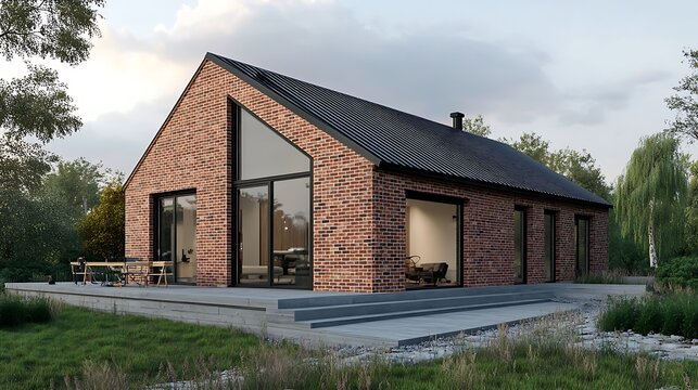 Modern cozy clinker house on the ponds with garage for sale or rent. Clear sunny summer day with blue sky