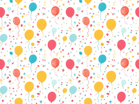 Festive seamless pattern filled with colorful party balloons and confetti