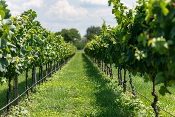 Naklejka premium A wide shot of a vineyard with rows of grapevines under a sunny sky, A picturesque vineyard with rows of grapevines under the summer sun