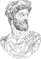 Line art illustration of a classical ancient bust sculpture of a bearded male figure wearing a helmet and draped clothing