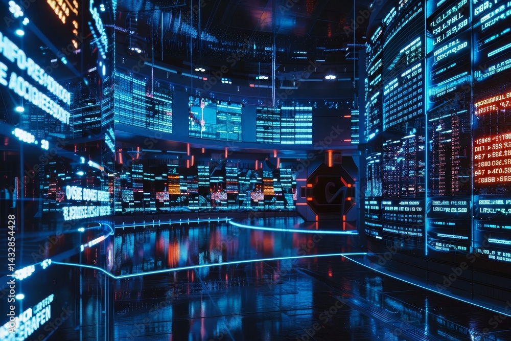 Poster a futuristic control room with a holographic globe displaying global data, create a futuristic inter
