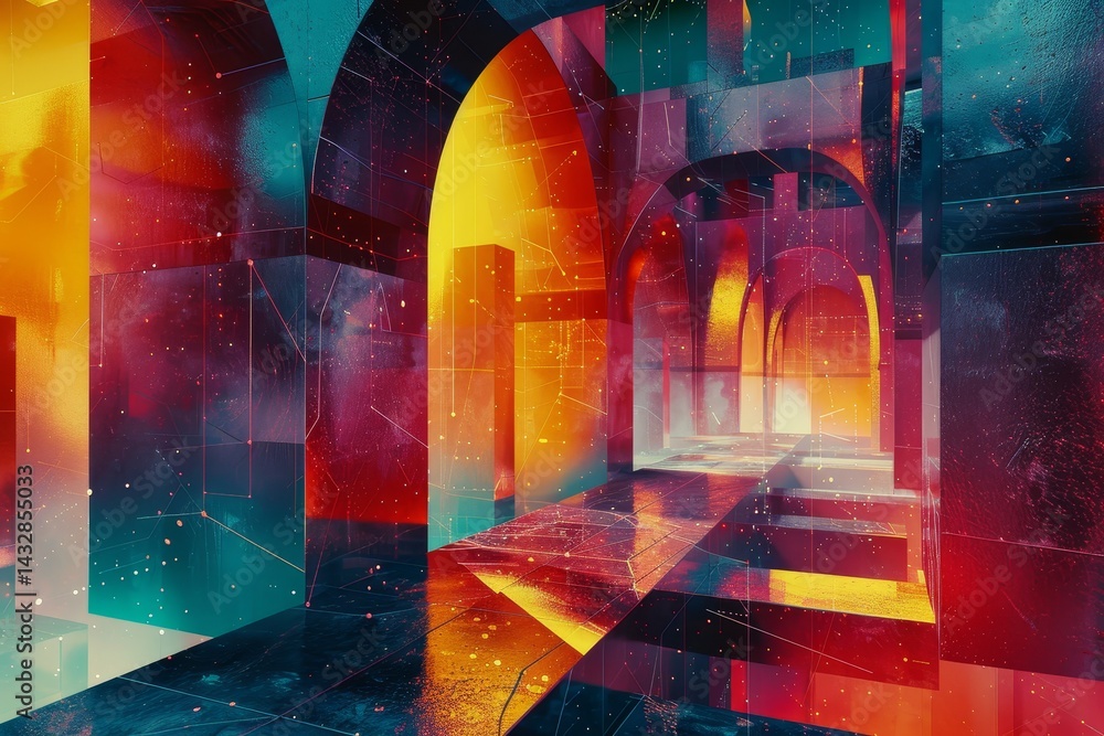 Poster a futuristic, abstract depiction of an architectural space, featuring a vibrant topaz reflection, an