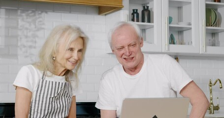 Modern technology and aged people, elderly spouses using laptop for video call. Medium portrait of joyful grey-haired grandparents communicating online with friends and family, deaf male person