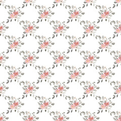 Seamless background, floral pattern with pink watercolor flowers  and grey leaves. Repeat fabric wallpaper print texture. Perfectly for wrapped paper, backdrop.