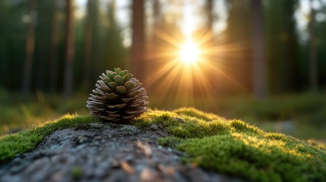 Pine cone resting on a mossy log in a serene forest during a warm golden hour sunrise with sunbeams.