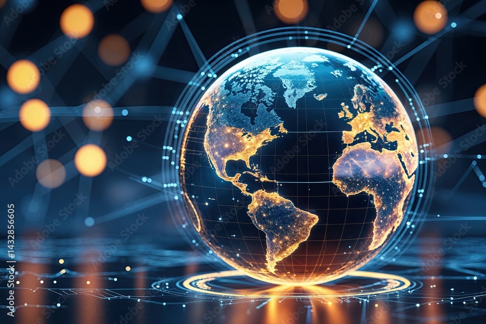 Poster global virtual network design featuring rotating sphere in digital space