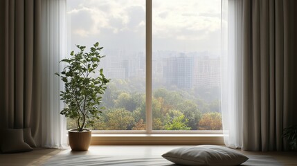 Fototapeta premium A window shows city and nature, a potted plant sits on the windowsill. Perfect for relaxation concepts, and bringing natural light into a space.