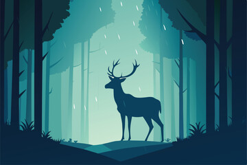 deer standing still in soft forest rain .eps
