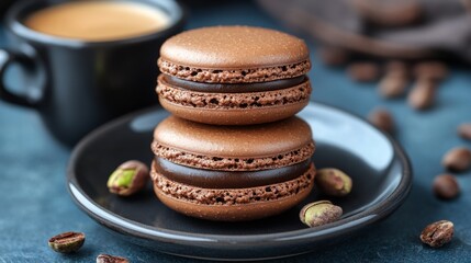 Plate of chocolate macarons and cup of coffee on rustic blue table with blurred flowers in background