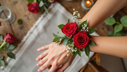 Elegant wrist corsage with red roses on wooden table, floral beauty