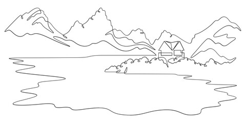 Continuous one line drawing residential house on the shore of a mountain lake. Mountain landscape. House on the lake.