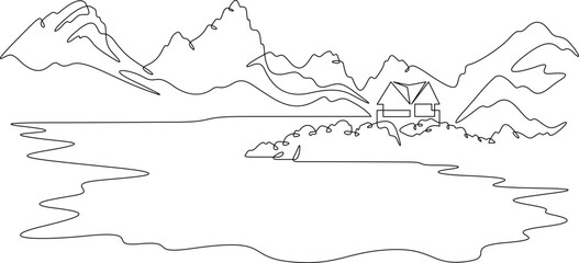Continuous one line drawing residential house on the shore of a mountain lake. Mountain landscape. House on the lake.
