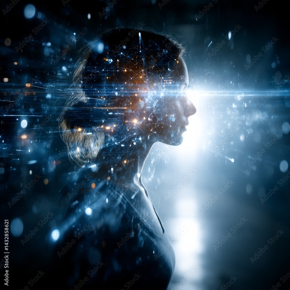 Poster abstract visualization of knowledge: a profile of a woman's head with glowing connections