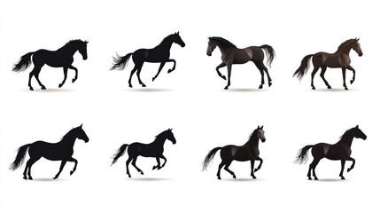 Horse silhouettes, various poses, white background