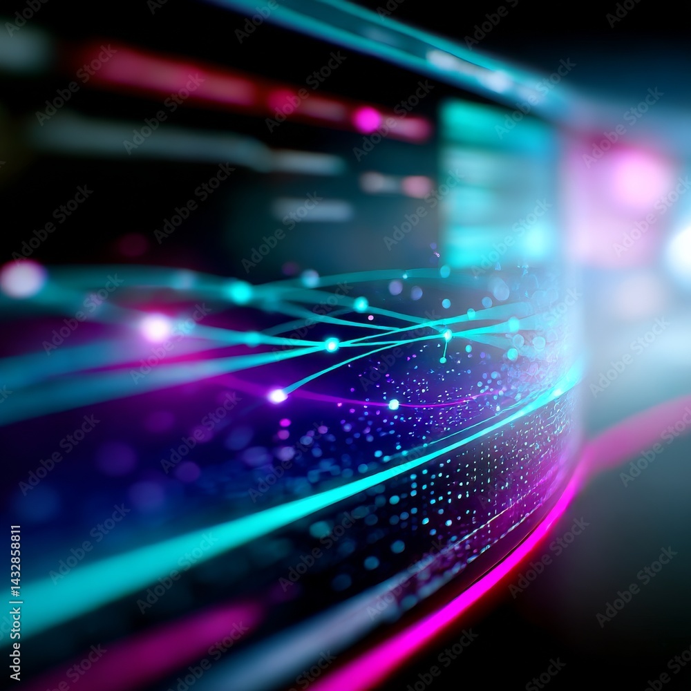 Poster Abstract Data Flow: Digital Network with Bright Lines and Bokeh, Technology Background