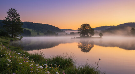 Fototapeta premium Tranquil Sunrise Over Misty Lake with Wildflowers and Boat