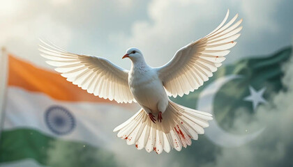 Obraz premium dove of peace with blood marks flying with India and Pakistan flags in background