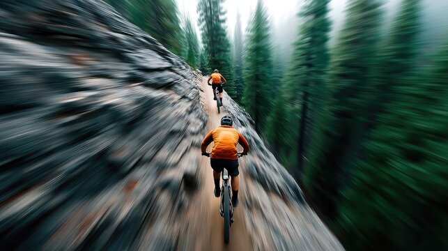 Two mountain bikers on a rugged trail through a dense forest.
