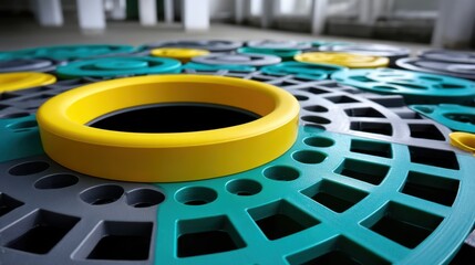 Large colorful plastic circular objects arranged on concrete surface in industrial setting