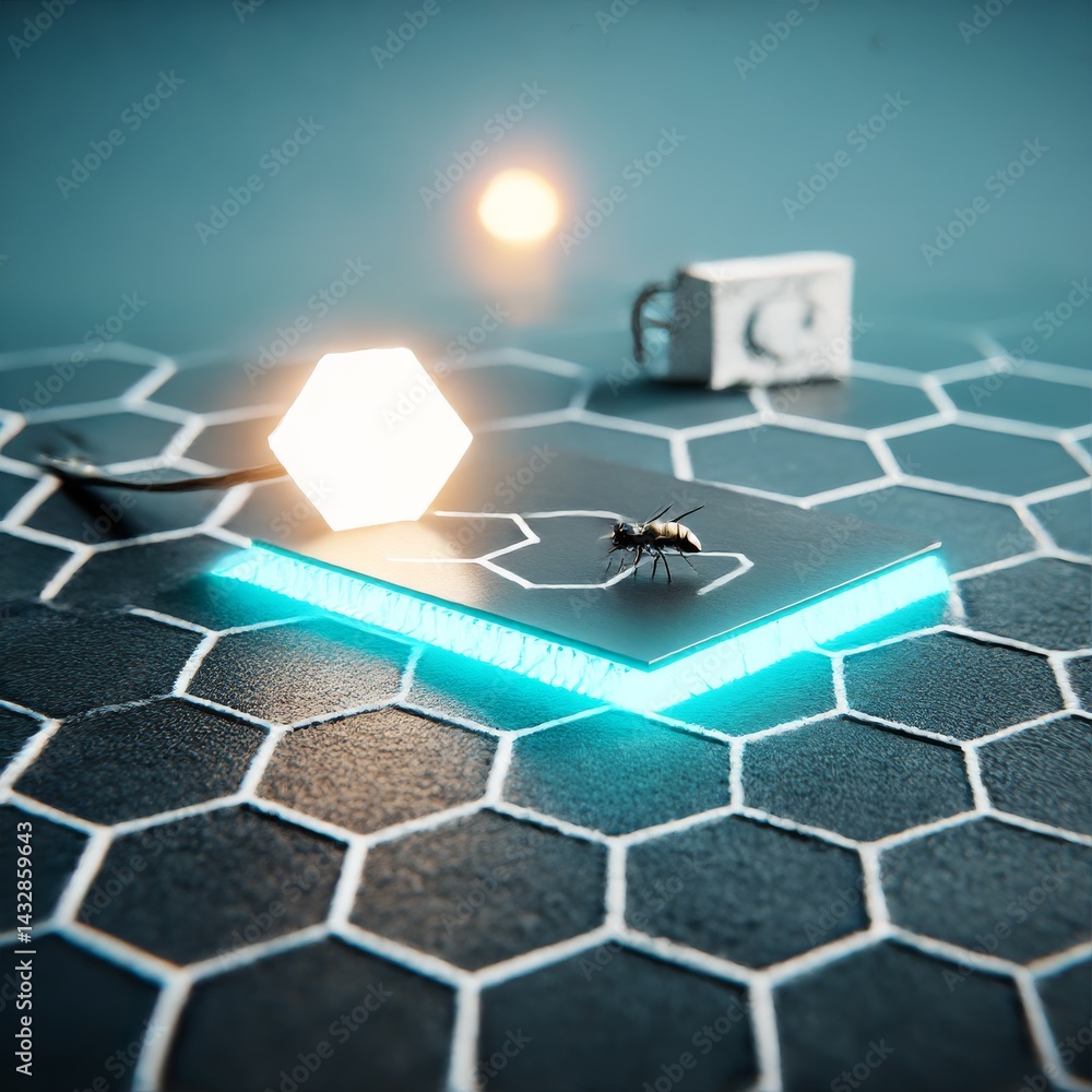 Poster Ant on Luminous Hex Tile: A Macro View of a Technological World and Insect Exploration 