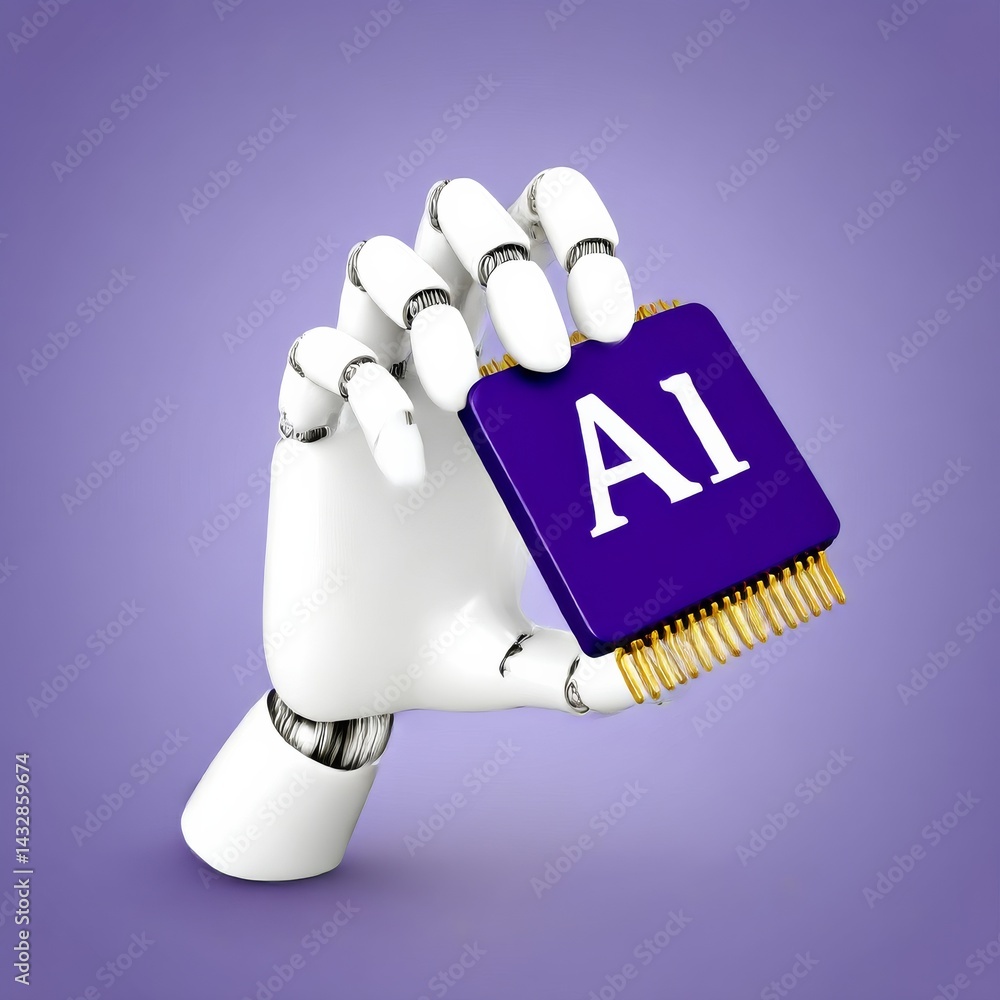 Poster Artificial Intelligence Advancement: Robot Hand Holding AI Chip on a Modern Purple Backdrop
