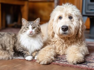 Charming portrait capturing a fluffy goldendoodle and a tabby cat lying together on a rug indoors showcasing friendship and warmth in a cozy home environment