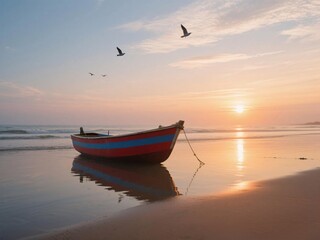 Naklejka premium boat at sunset