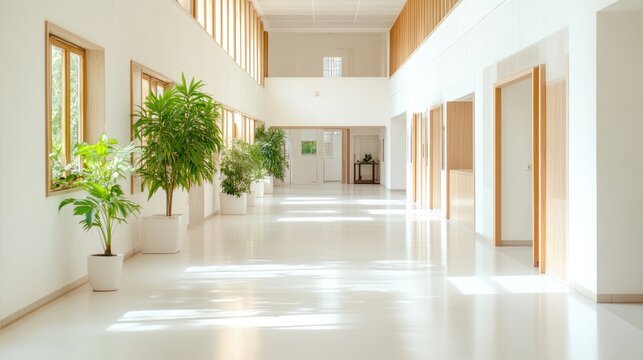 Bright and spacious modern hallway with white walls, light wood accents, and green potted plants illuminated by natural sunlight.